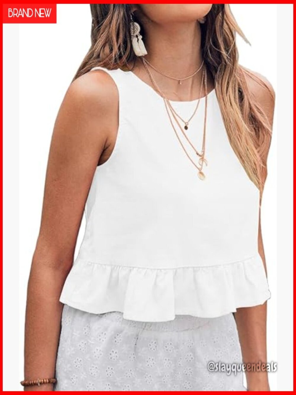 Linen Blend Cropped Tank Top with Ruffle Crewneck Sleeveless Shirt